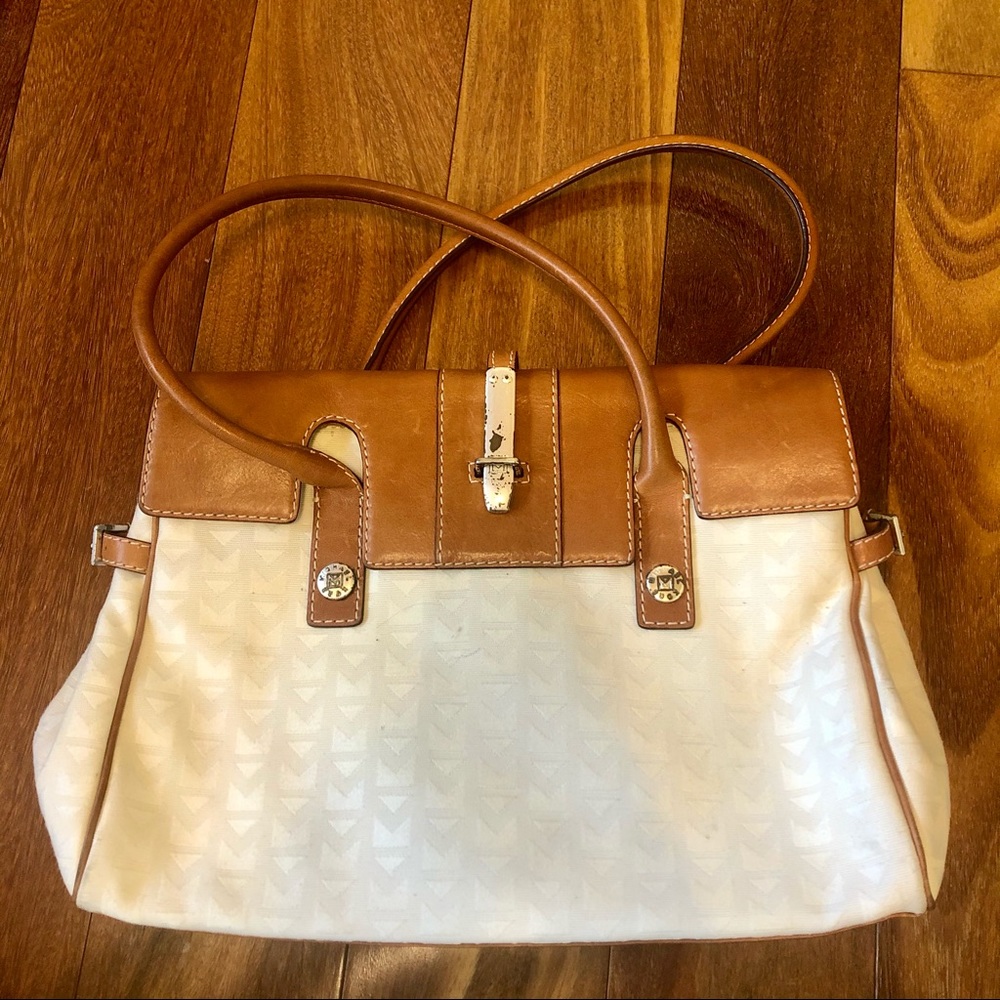 Michael Kors White and Brown Jacquard Satchel Signature Bag